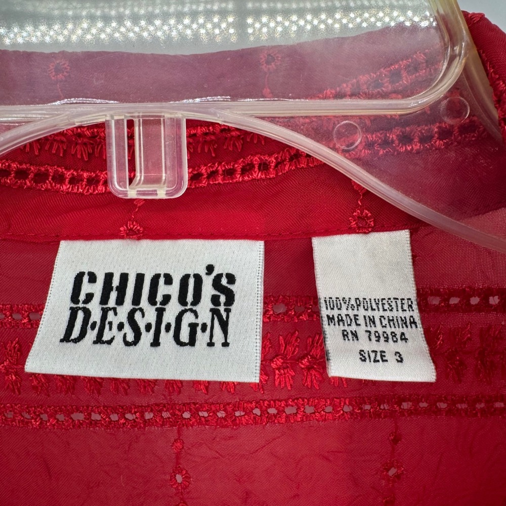 Vintage Chicos Semi-Sheer Embroidered Button Front Boxy Top Red Size 3(XL) Artsy - Picture 7 of 10